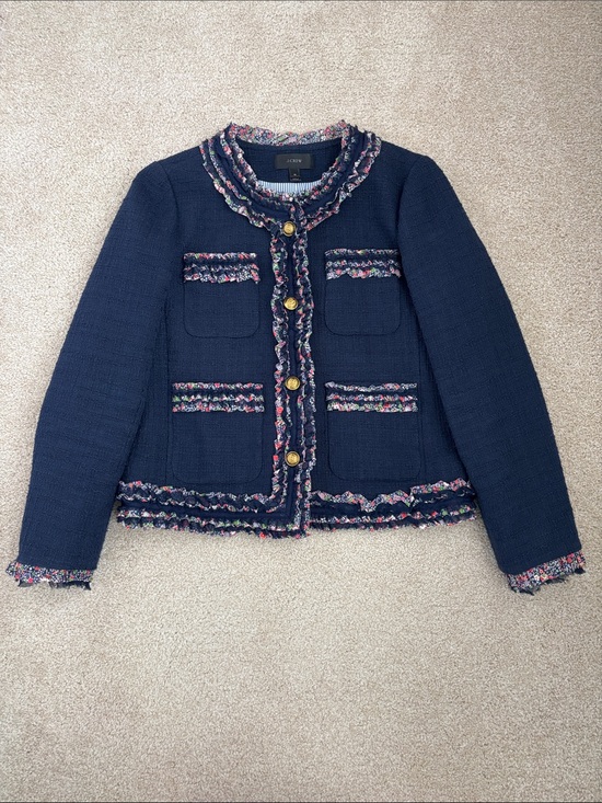 J. Crew Jackets & Blazers - Navy tweed J. Crew Lady Jacket with Liberty floral trim & ruffled edges, size 10